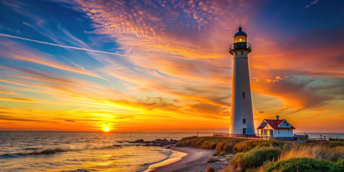 warm light, sunset, long shot, landscape, Cape May NJ lighthouse standing tall amid a picturesque sunset over the Atlantic Ocean casting a warm soft light across the landscape Cape May